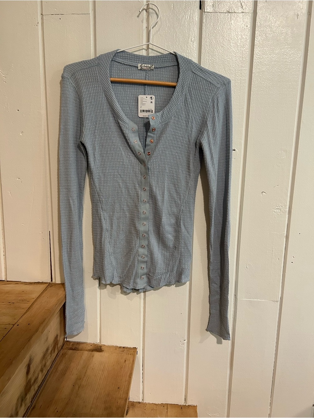 NWT‎ Free People Pale Blue Waffleknit Button-Down Long Sleeve Henley